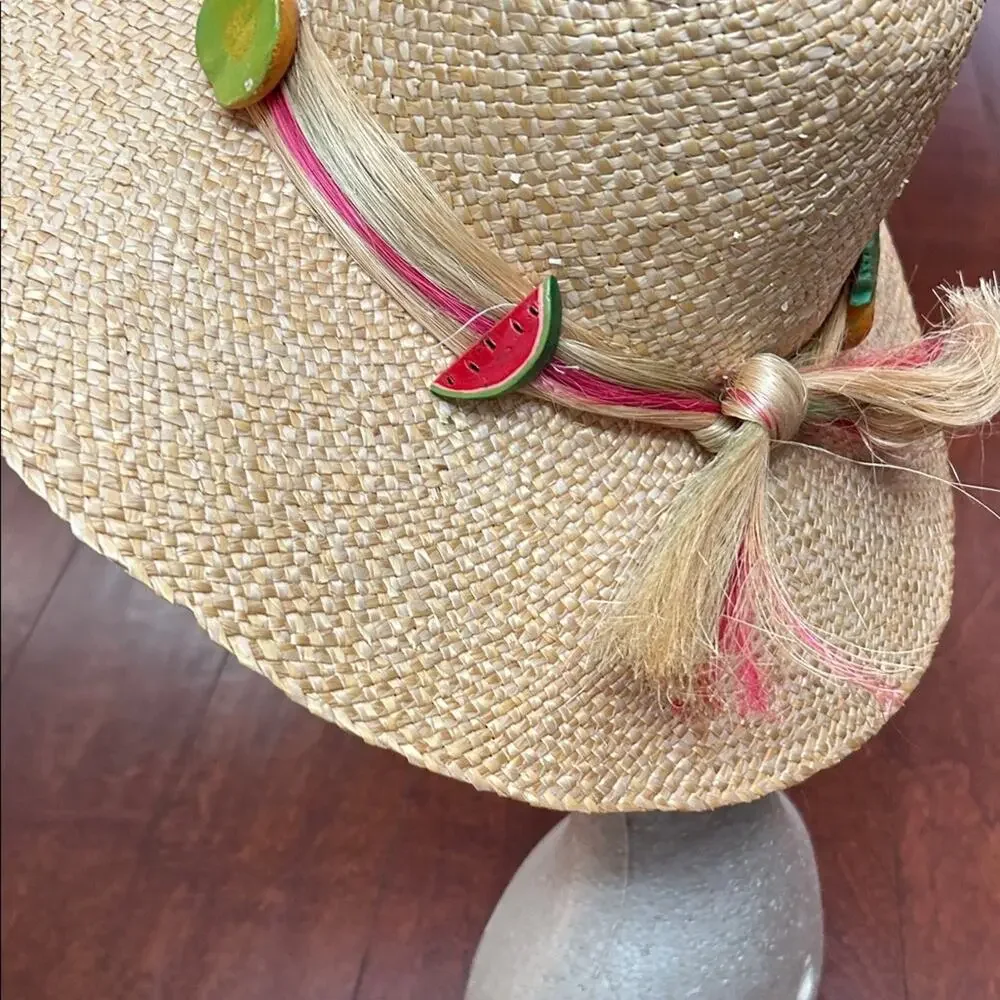 Woven Straw Hat with Fruit Details, Wide Brim Perfect for a Hot Day at the Beach